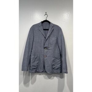 Uniqlo Blazer Mens Linen Blend Blue White Plaid Slim Fit Coastal Medium READ